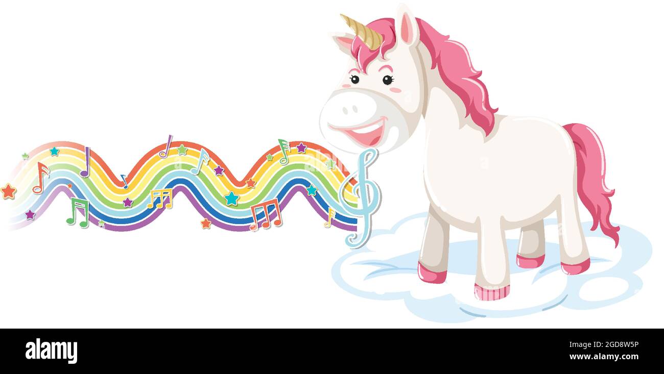 Unicorn standing on the cloud with melody symbols on rainbow wave ...