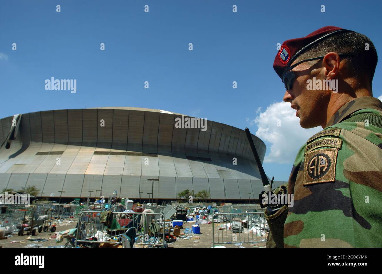 US Army (USA) Captain (CPT) Jesse Stewart, a Ranger assigned to the 3505th Parachute Infantry Regiment, 82nd Airborne Division, conducts a patrol outside the debris ravaged Superdome in New Orleans, Louisiana (LA), during Hurricane Katrina relief Operations, Joint Task Force (JTF) Katrina.  (USAF PHOTO BY SSGT JACOB N. BAILEY 050908-F-5964B-105) Stock Photo