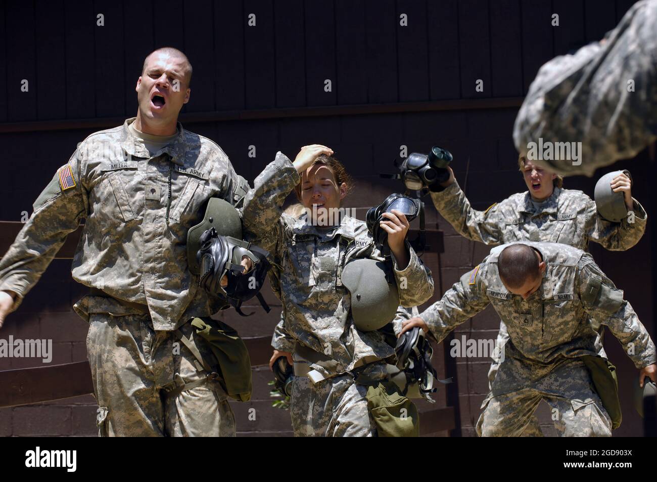 US Army (USA) Recruits (Soldiers-in-training) exit the Chemical Chamber during the White Phase (weeks three, four, and five of nine) of Basic Combat Training (BCT) at Fort Jackson, Columbia, South Carolina (SC).  (USAF PHOTO BY SSGT STACY L PEARSALL 060615-F-7234P-207) Stock Photo