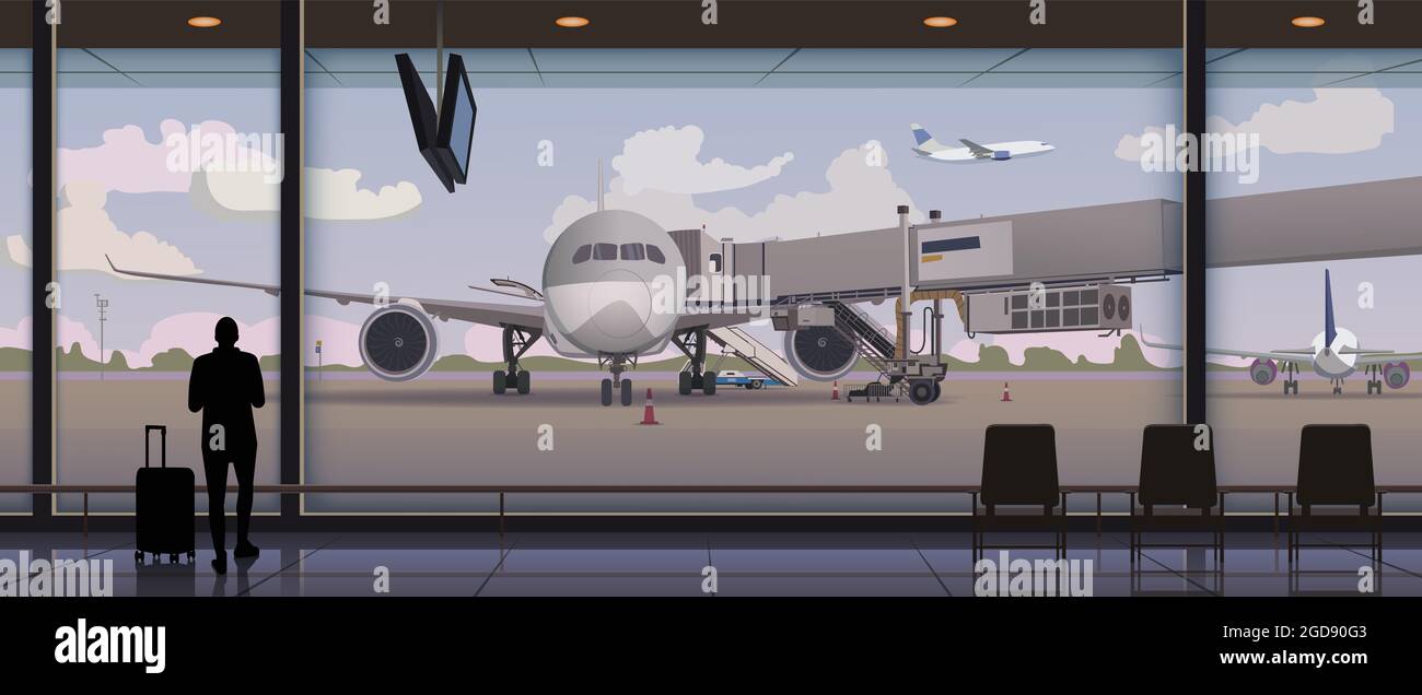 Airport, boarding the plane, waiting room. Vector. Stock Photo