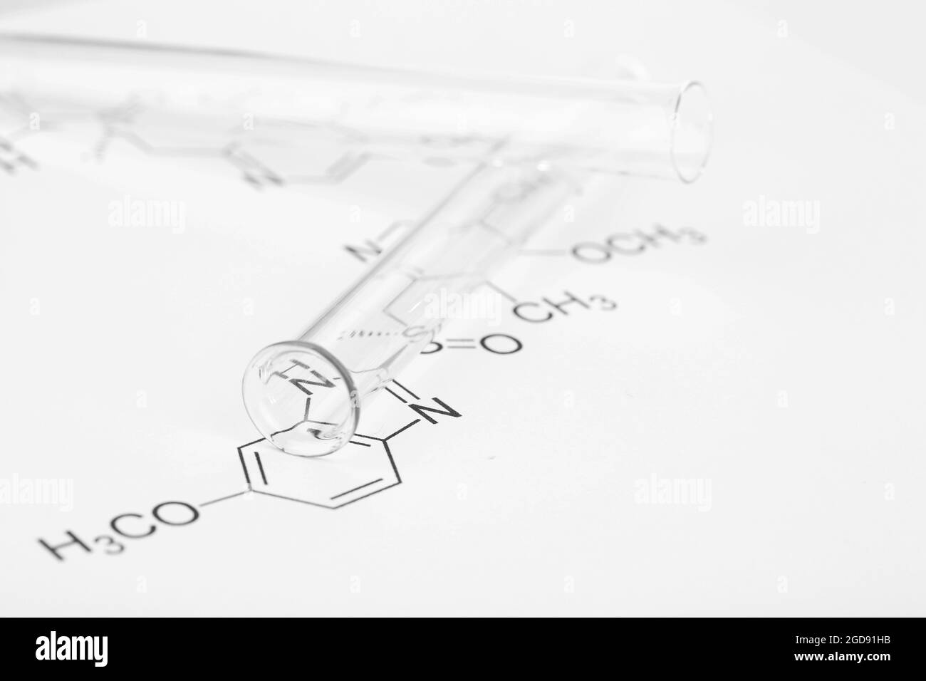 Test tubes and reaction formula, closeup Stock Photo Alamy
