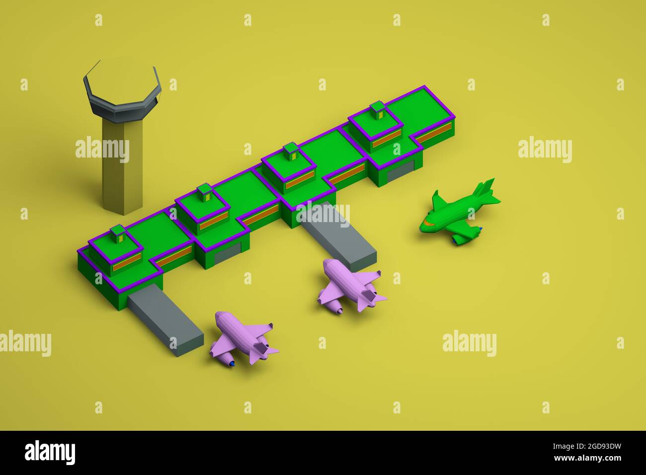 3d airport building with a tower and planes on a yellow isolated ...