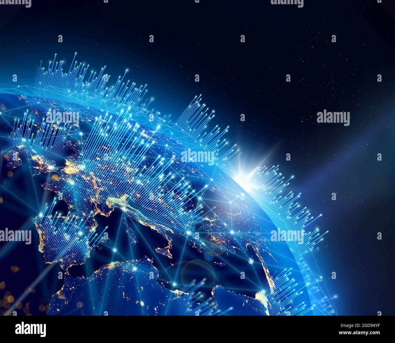 Planet Earth, city lights and worldwide growth digital binary data network infrastructure. Some elements of the image furnished by NASA. Stock Photo
