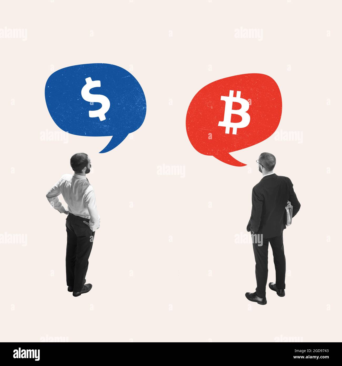 Young man, businessman standing looking at sign of dollar and bitcoin. Concept of finance, economy, professional occupation, business and career. Stock Photo