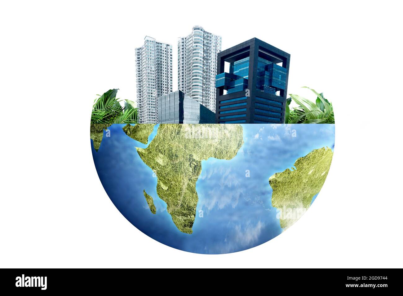Earth with modern buildings and skyscrapers above it. Environment concept Stock Photo