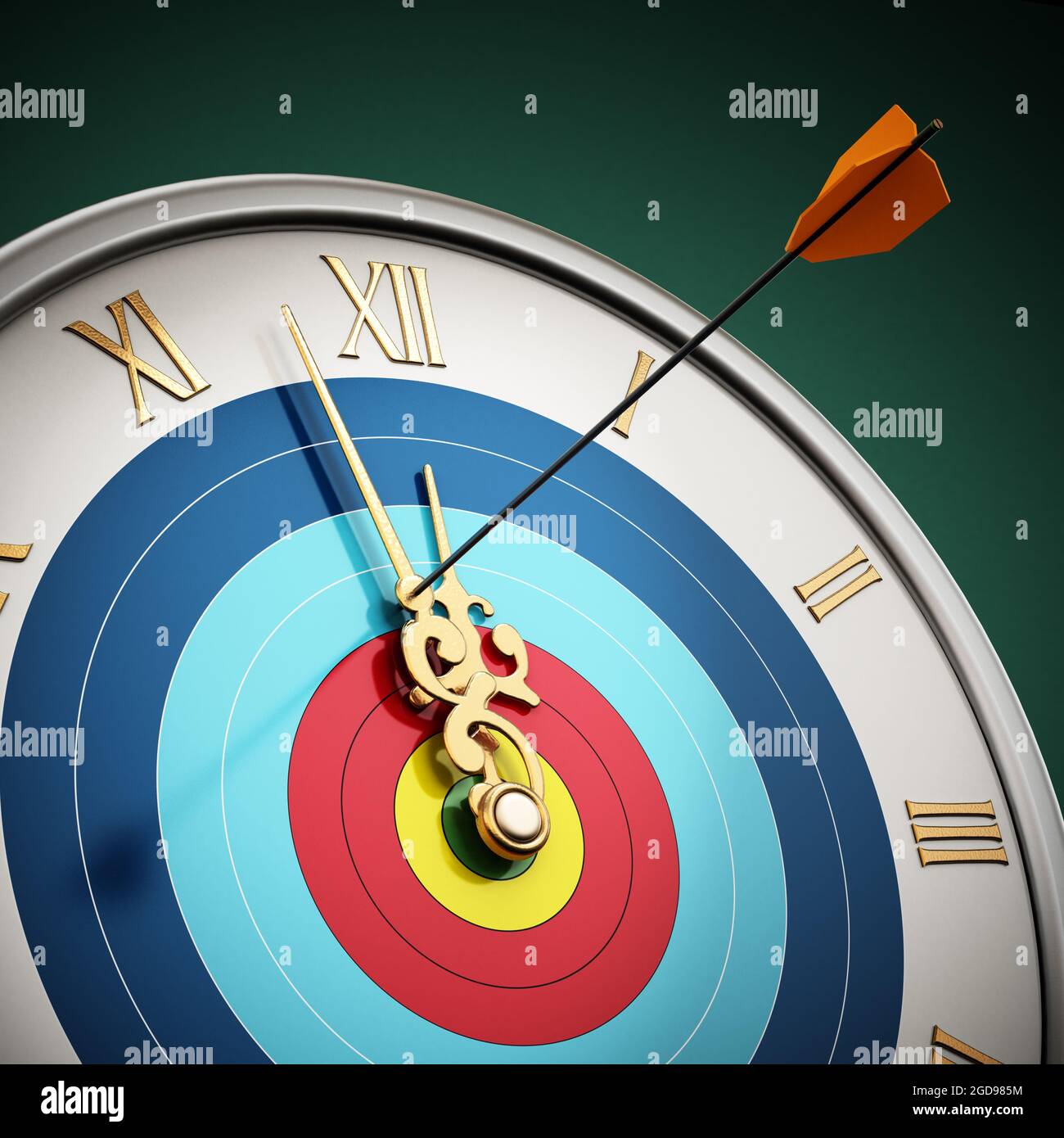 Arrow hit at clock hand stopping the time. 3D illustration. Stock Photo