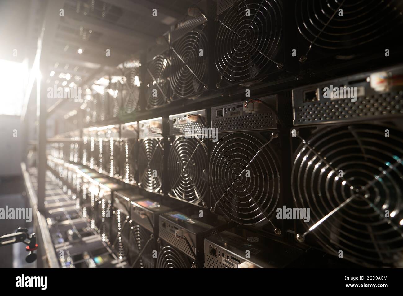 Bitcoin ASIC miners in warehouse. ASIC mining equipment on stand racks for  mining cryptocurrency in steel container. Blockchain techology application  Stock Photo - Alamy