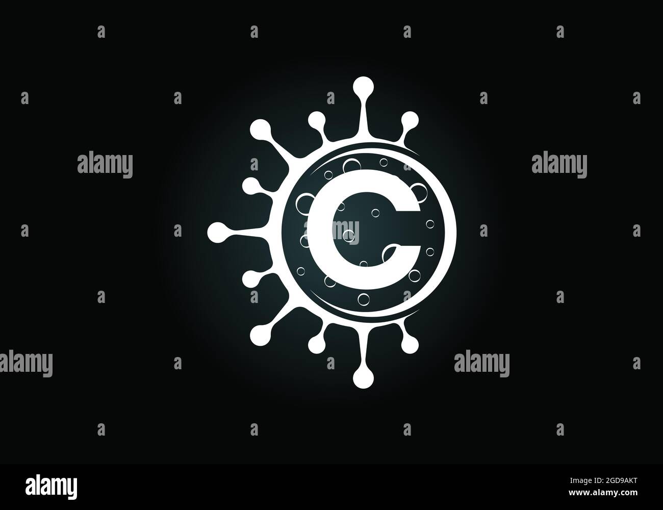 Initial C monogram alphabet with Coronavirus cells. Lab logo sign symbol design vector Illustration. Font emblem. Corona virus (Covid-19). Stop Corona Stock Vector