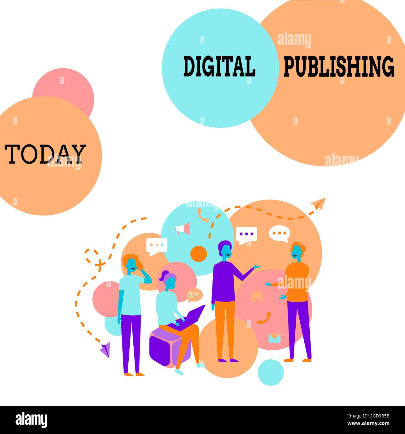 Conceptual display Digital Publishing. Word Written on content that distributed digitally over the Internet Four Colleagues Illustration Having Stock Photo