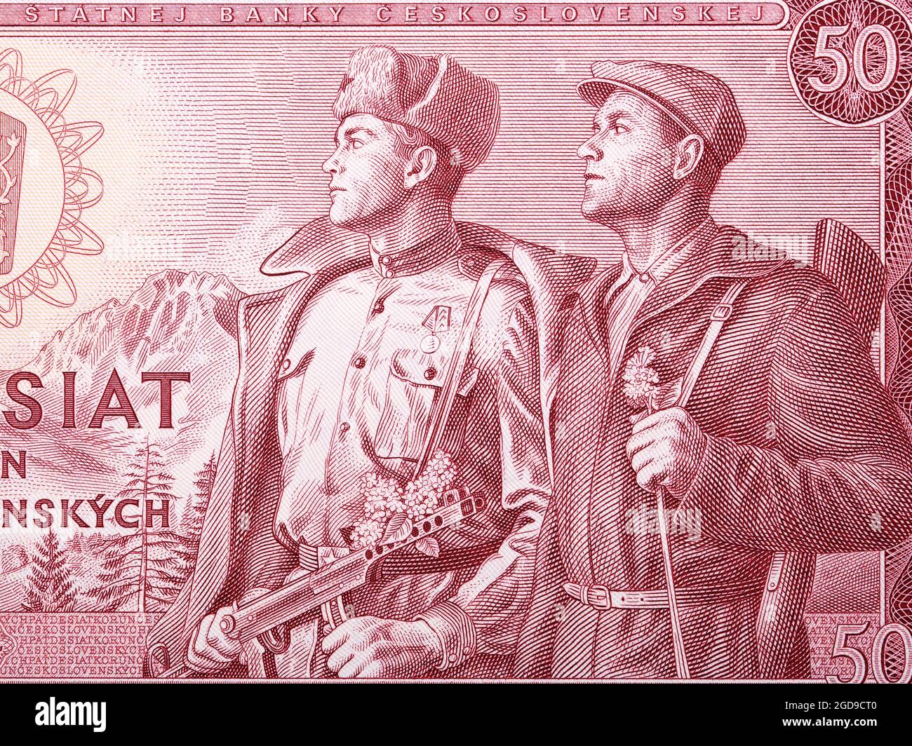 Russian soldier and partisan from old Czechoslovak money Stock Photo