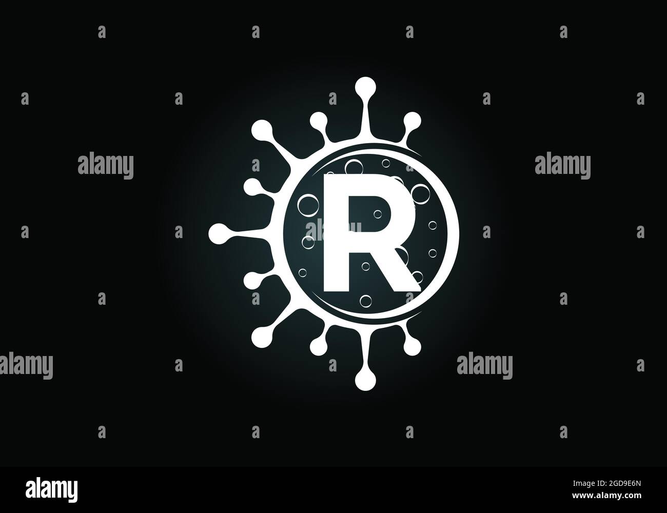 Initial R monogram alphabet with Coronavirus cells. Lab logo sign symbol design vector Illustration. Font emblem. Corona virus (Covid-19). Stop Corona Stock Vector