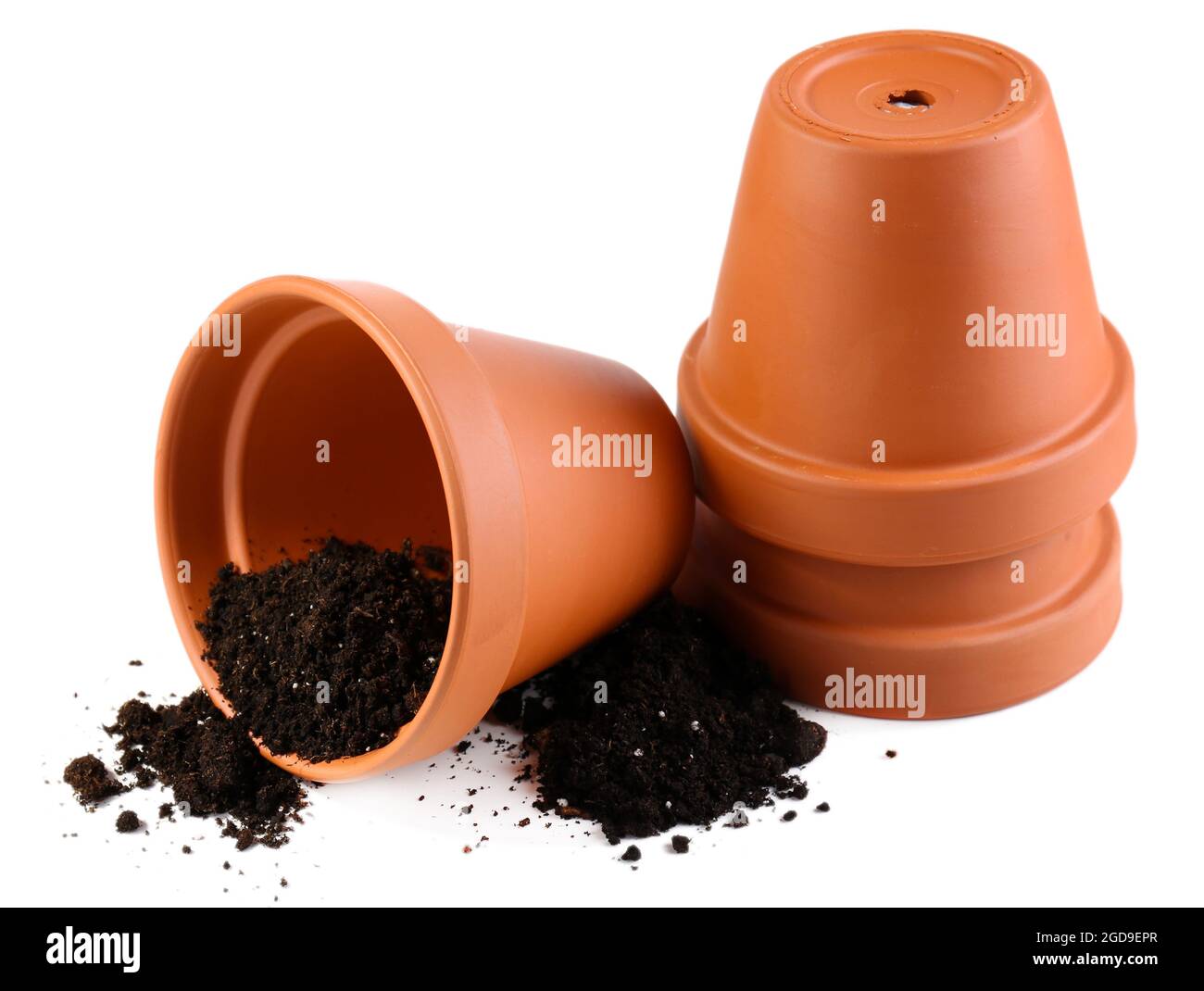 Clay flower pots and soil, isolated on white Stock Photo Alamy