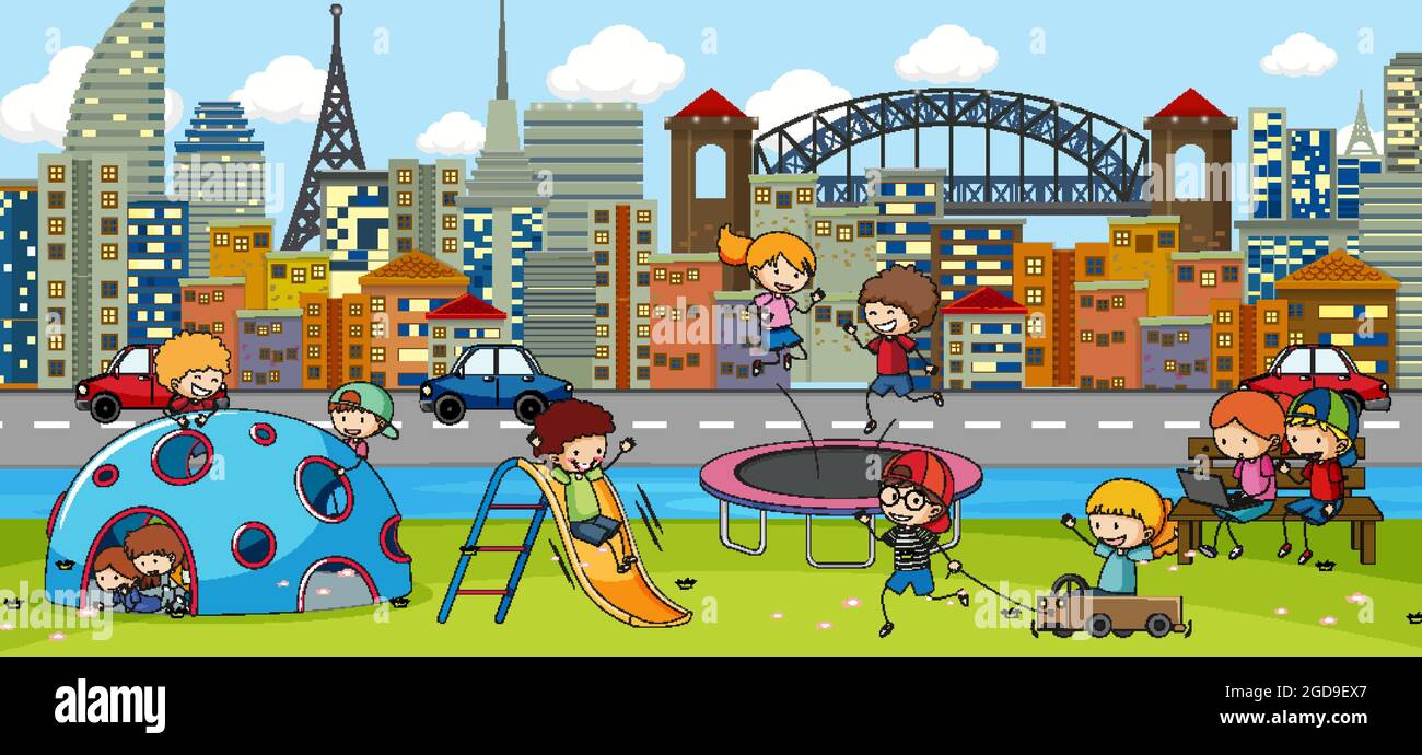 Outdoor scene with many kids playing in the park illustration Stock ...