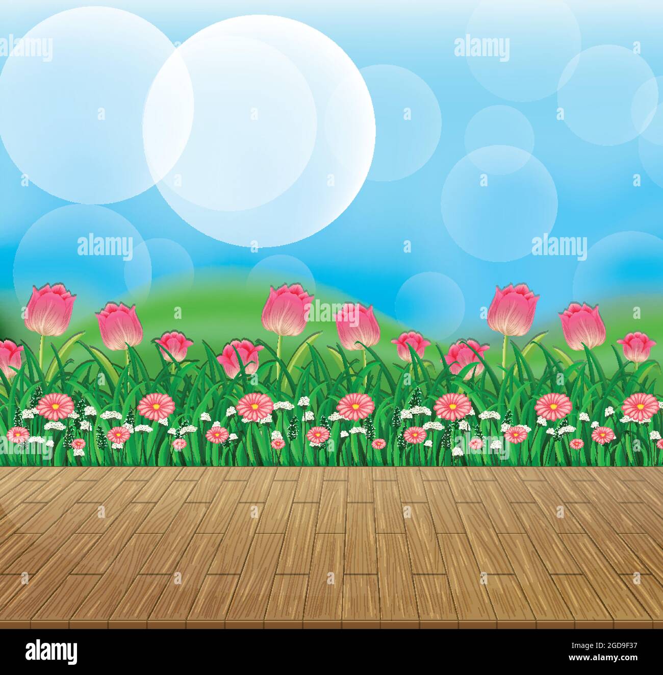 Nature background with flower field and green grass illustration Stock ...