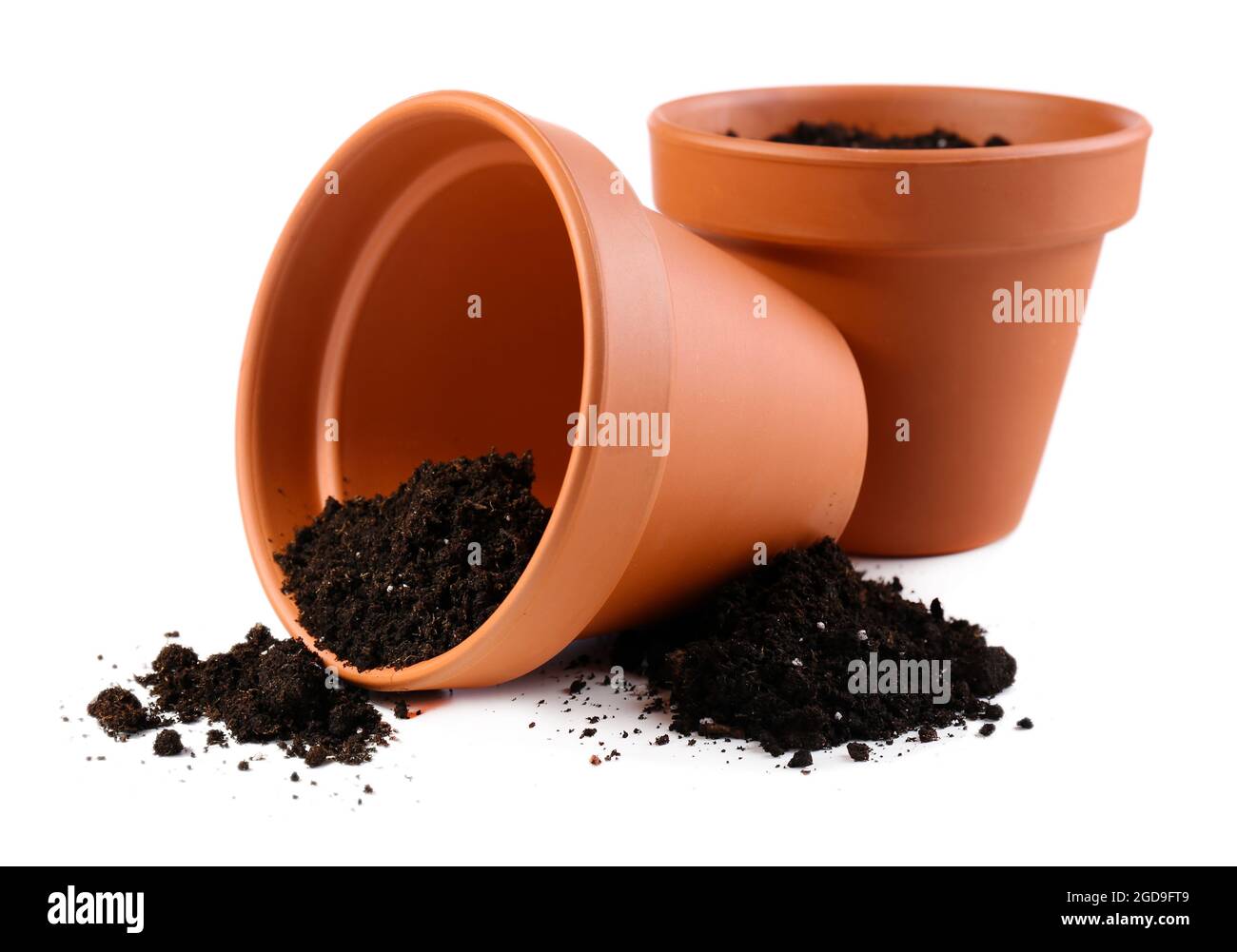 Clay flower pots with soil, isolated on white Stock Photo Alamy