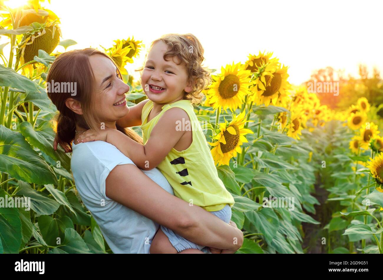mother and baby in sunflowers field Stock Photo - Alamy
