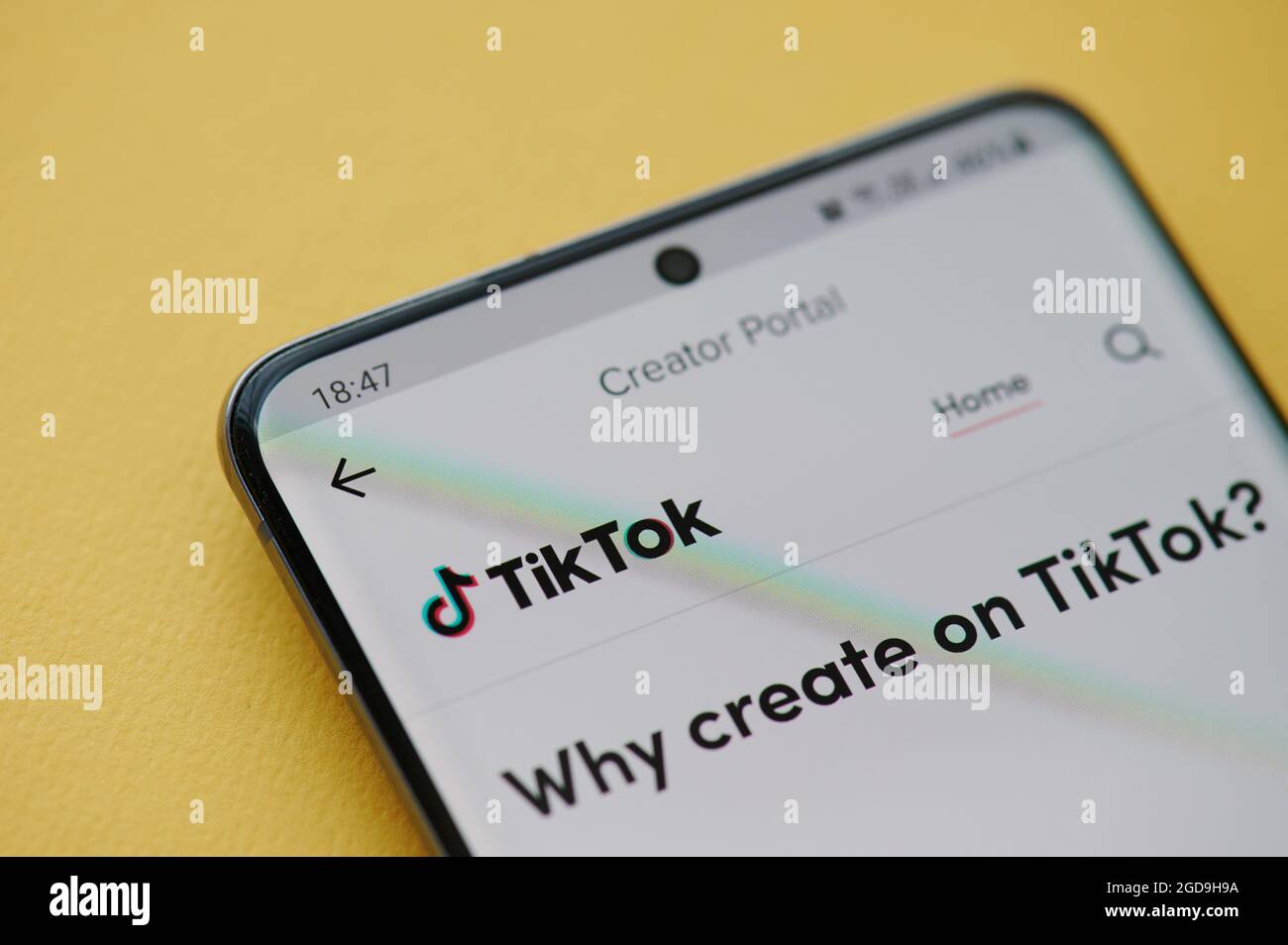 New york, USA - June 24 2021: Reading creator portal of TikTok app on smartphone screen close up Stock Photo