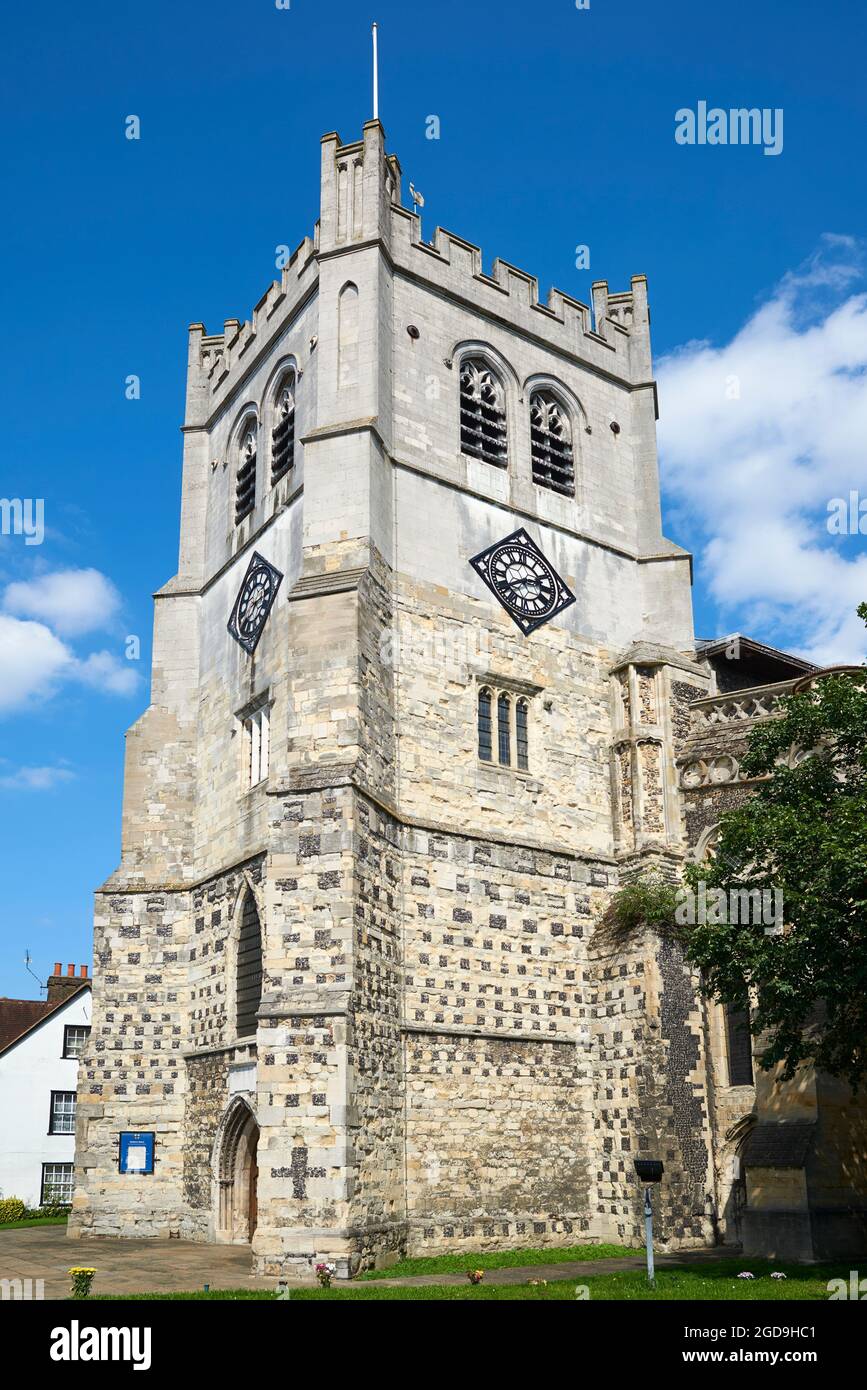 The 16th century tower of Waltham Abbey church, Waltham Abbey, Essex, Southern England Stock Photo