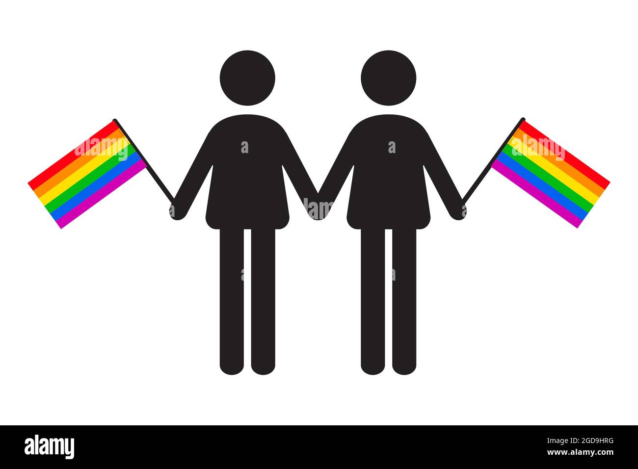 Two man icon holding Rainbow Gay flag. LGBTQ pride icon vector illustration Stock Vector