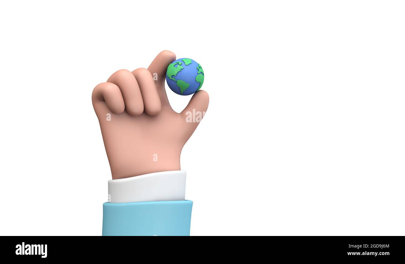 Cartoon style hand holding a planet earth. Earth day concept. 3D Render Stock Photo