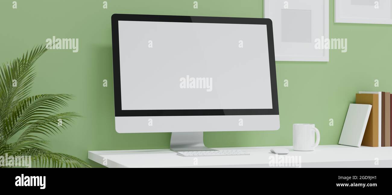 Comfortable working room with pastel green wallpaper, computer pc black  screen mockup and frame mockup on the wall, 3d rendering, 3d illustration  Stock Photo - Alamy