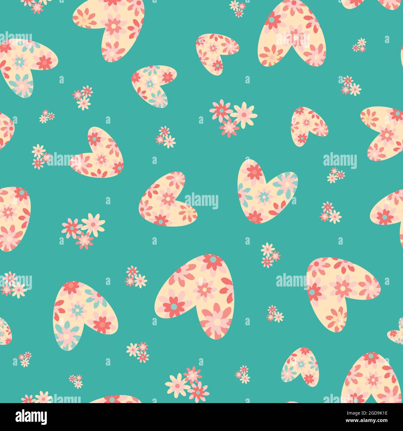 Colorful love heart vector seamless pattern in boho style. Aqua blue pink retro floral hearts and flowers backdrop. Scattered folk art bohemian Stock Vector