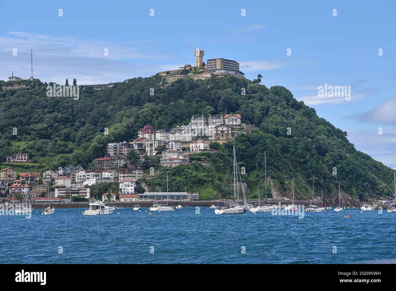 San Sebastian, Spain - 2 August 2021: Views of Monte Igueldo from La Concha Bay Stock Photo