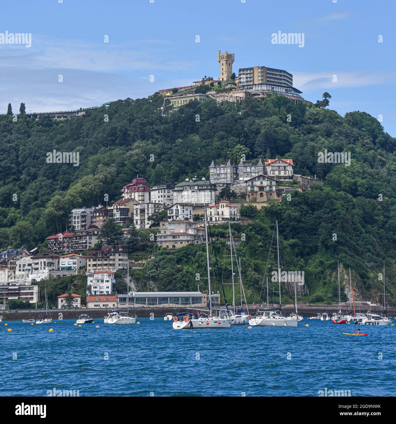 San Sebastian, Spain - 2 August 2021: Views of Monte Igueldo from La Concha Bay Stock Photo