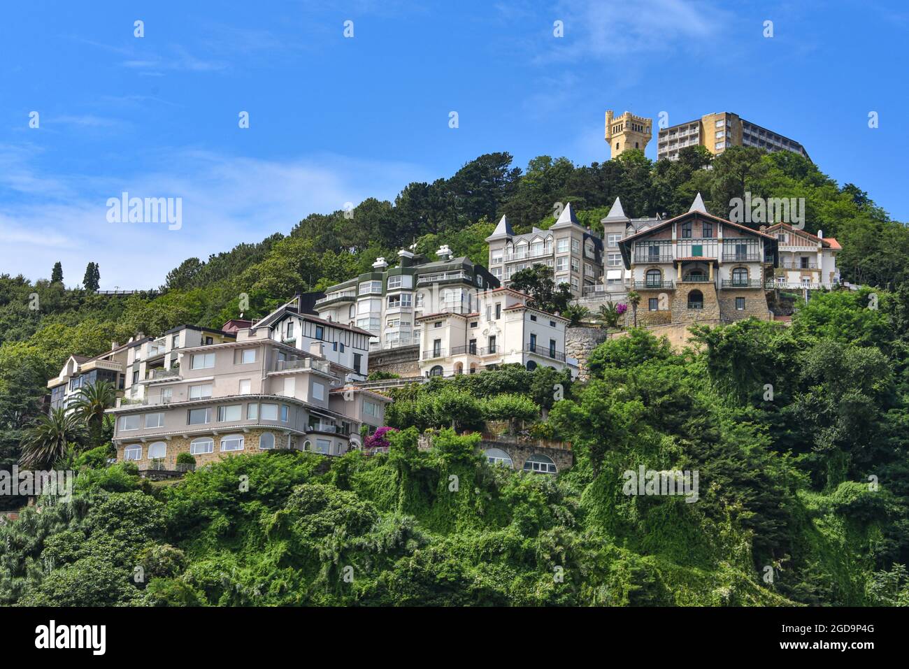 San Sebastian, Spain - 2 August 2021: Views of Monte Igueldo from La Concha Bay Stock Photo