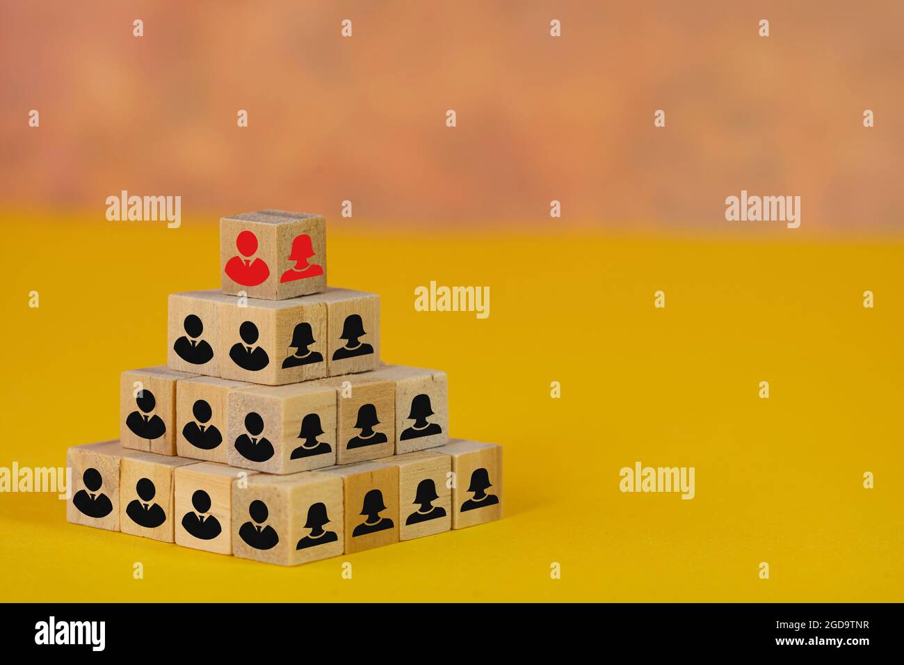 Business human resources concept. Pyramid of wooden blocks with man and woman icons. Stock Photo