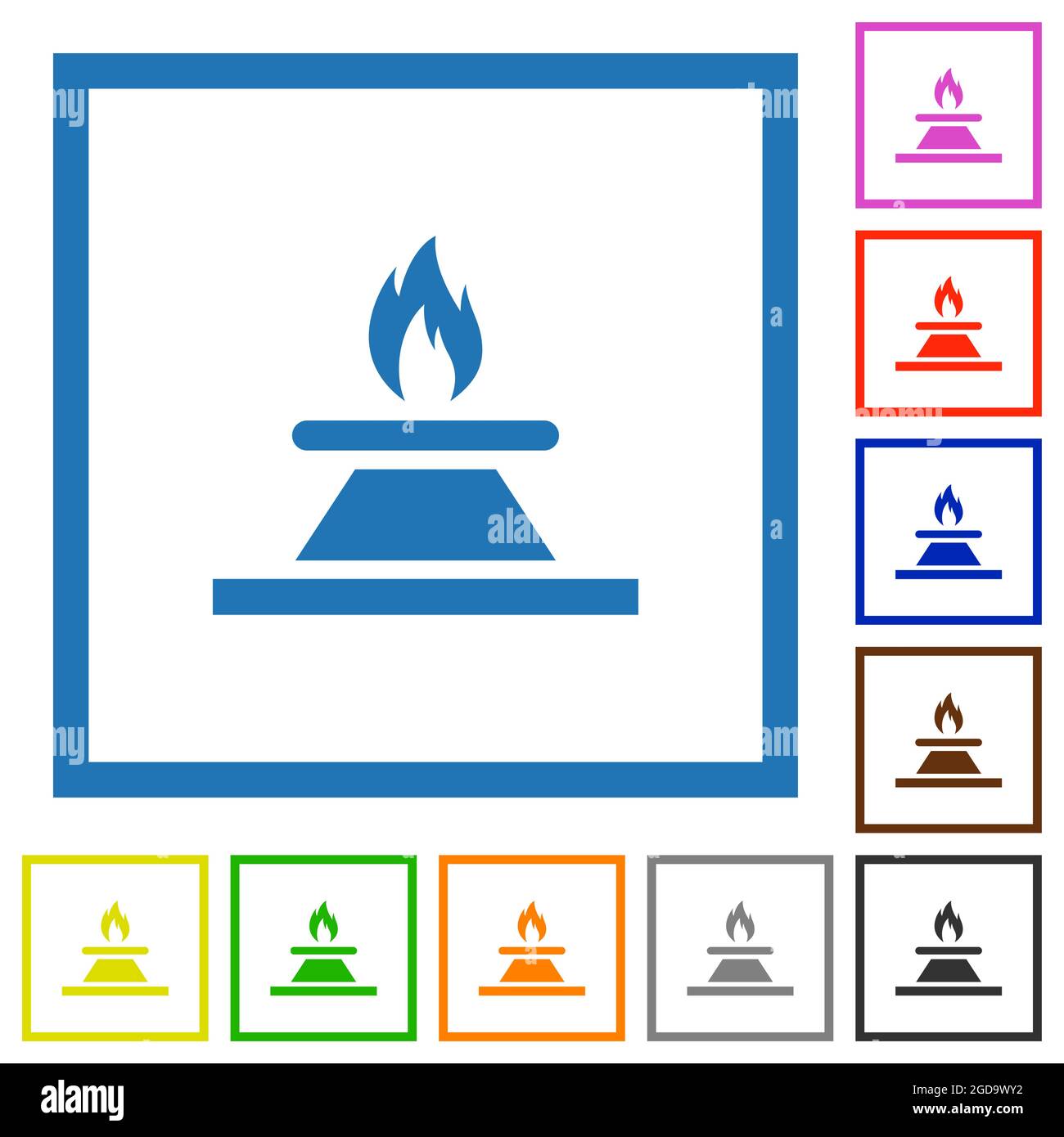 Kitchen gas stove flat color icons in square frames on white background ...