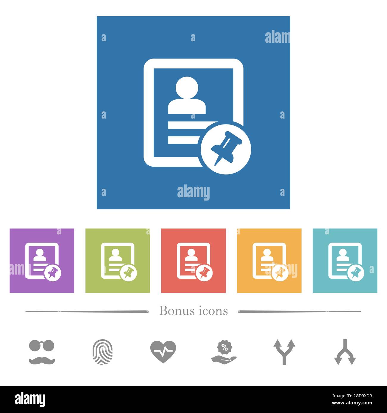 Contact pin flat white icons in square backgrounds. 6 bonus icons ...