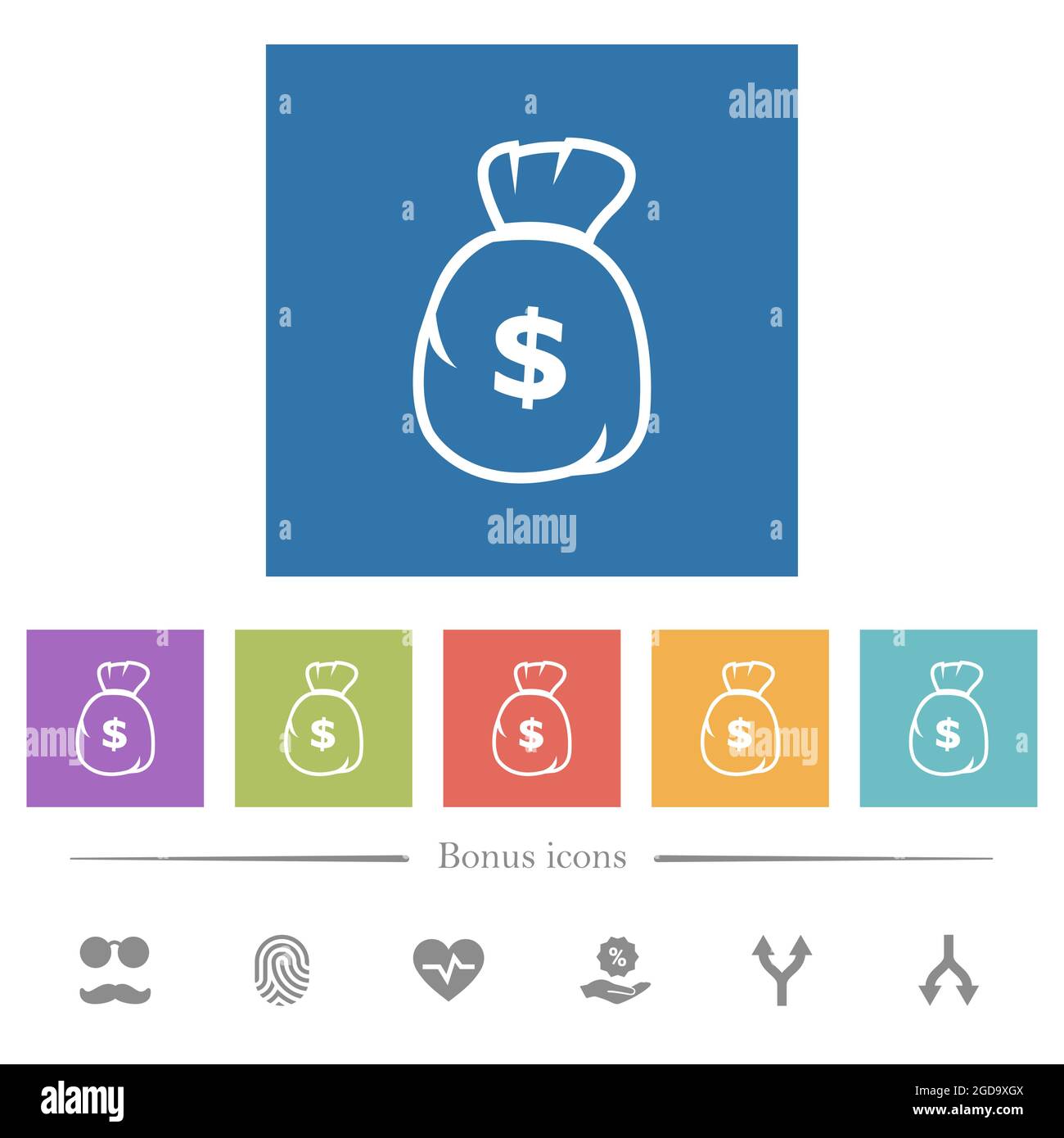 Dollar money bag outline flat white icons in square backgrounds. 6 bonus icons included. Stock Vector