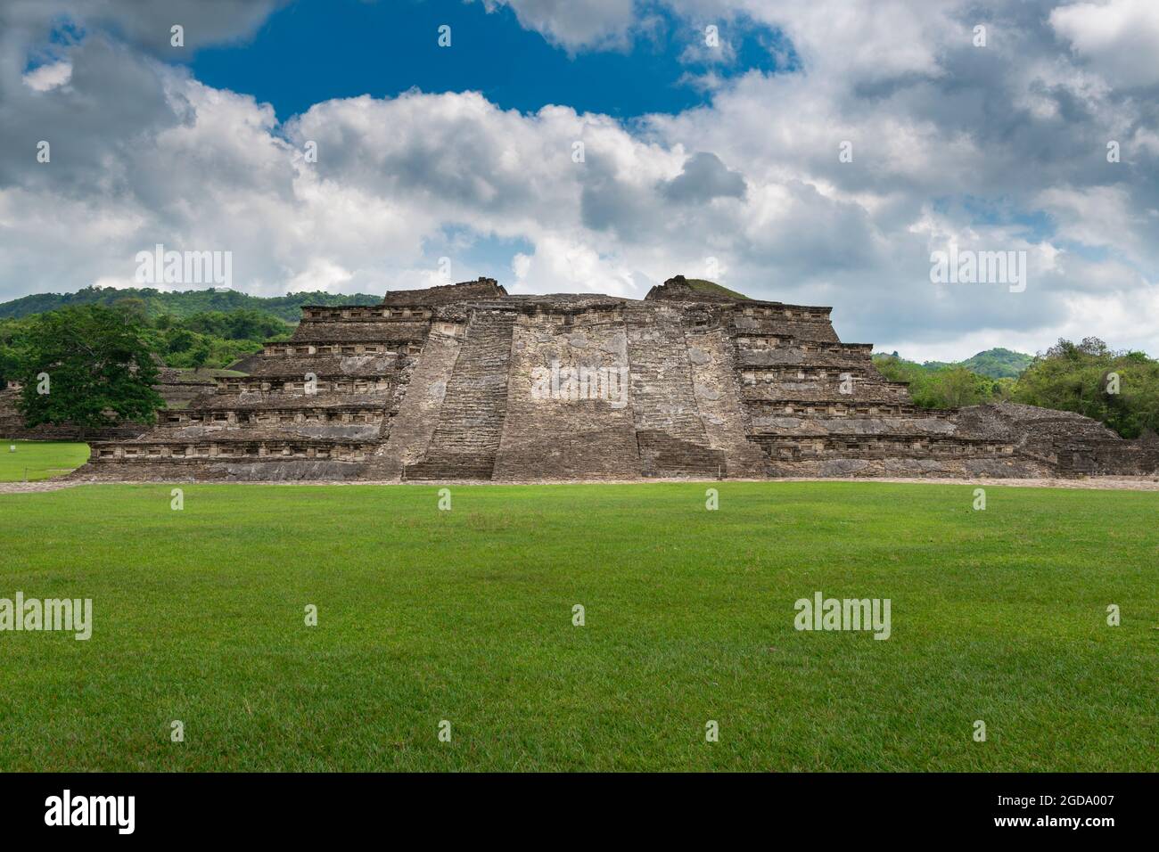 View of an ancient pyramid at the EL Tajin archeological site, in Papantla, Veracruz, Mexico. Stock Photo