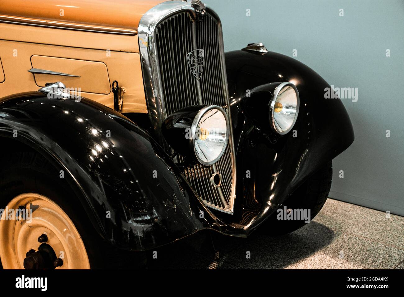 4 June 2019, Moscow, Russia: vehicle grille and headlights of french car Peugeot 201 BR 1933. Classical retro cars of 1920s. Stock Photo