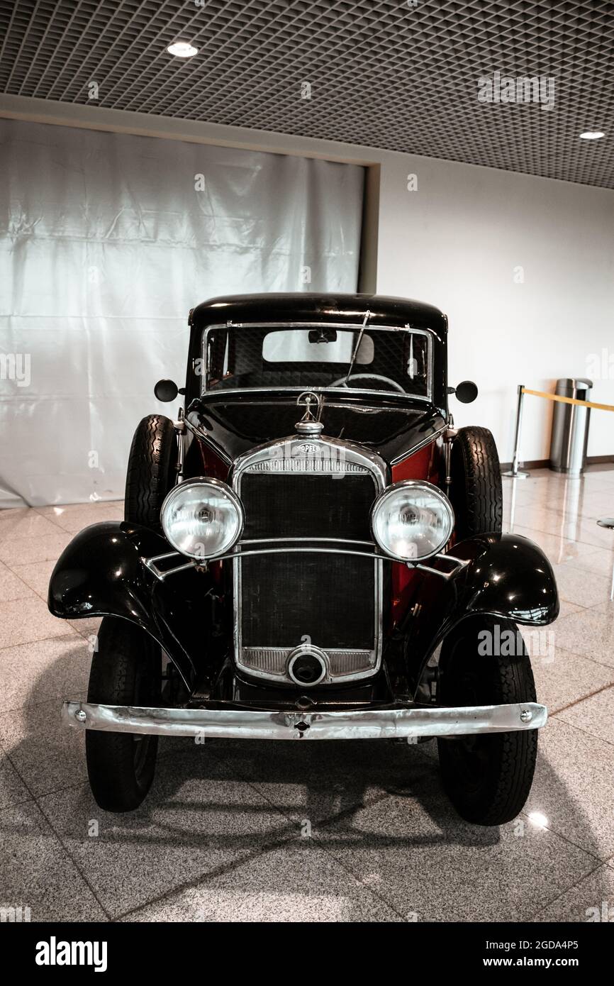 4 June 2019, Moscow, Russia: front view of german car Opel Model 1,2L 1933. Classical retro cars of 1930s. Stock Photo