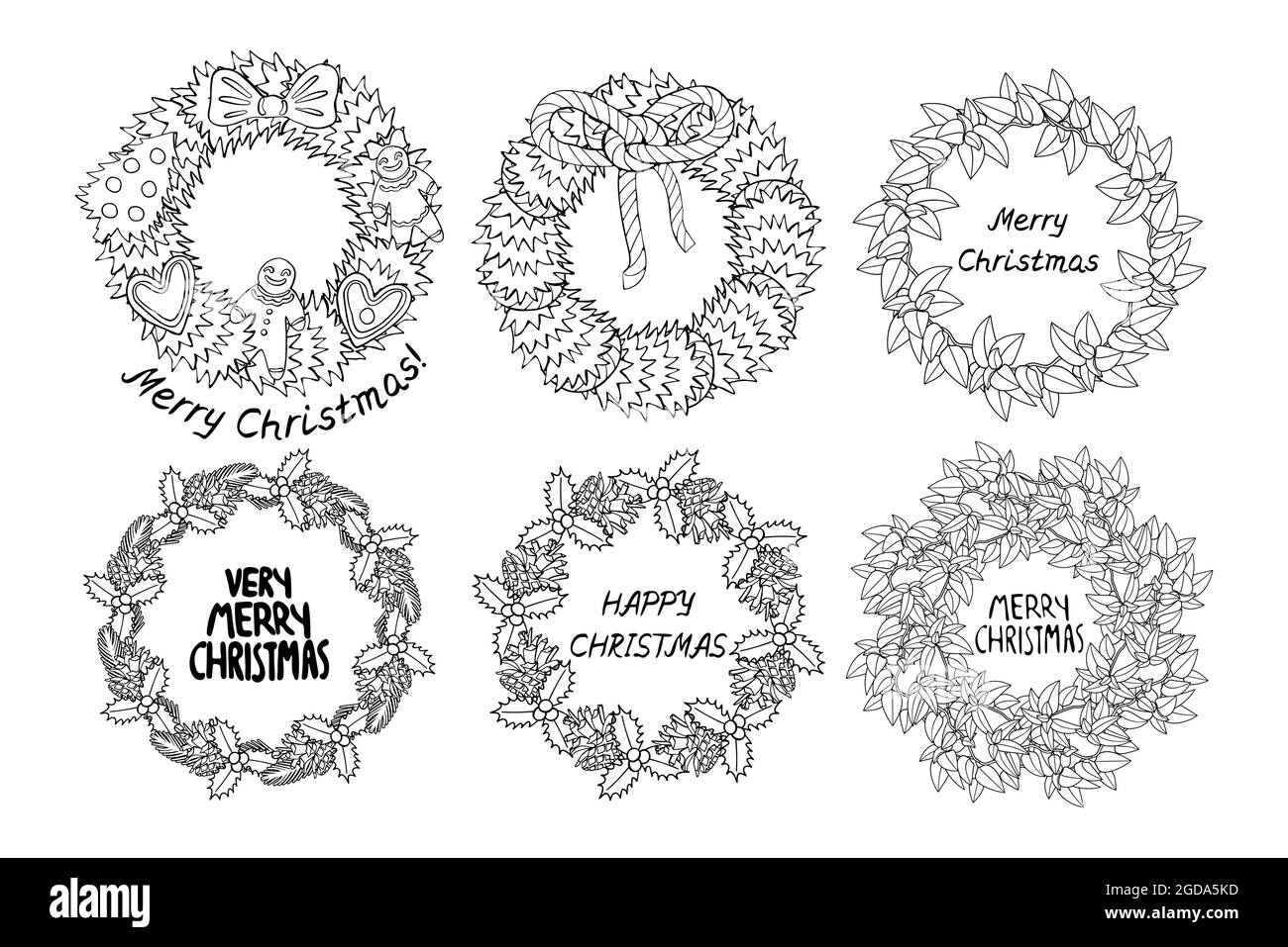 Monochrome Line Art Christmas Wreaths clipart set, decorated spruce branches. Stock Vector