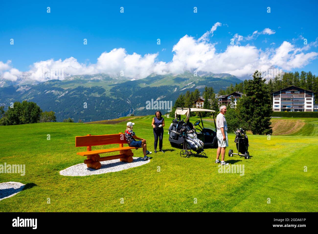 Crans Sur Sierre Golf Course with Hole 7 and Mountain View in Crans Montana  in Valais, Switzerland Stock Photo - Alamy