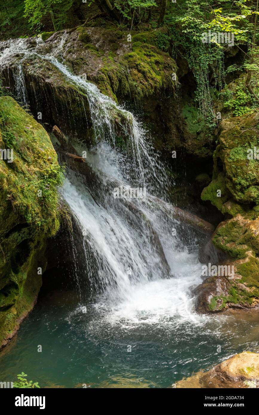 Waterfall in Romania- Beautiful waterfall, Romania, Caras-Severin county, Ochiul Beiului, Cheile Nerei Stock Photo