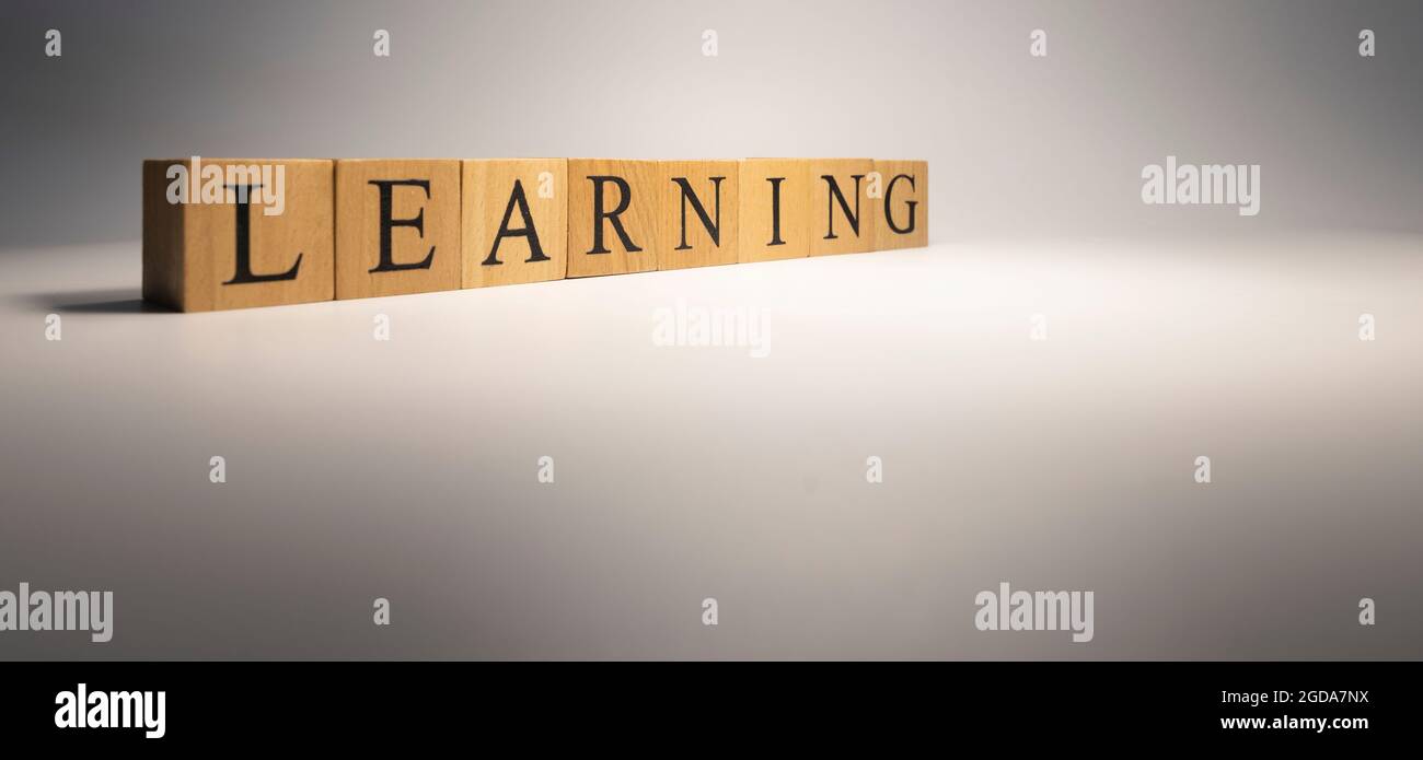 The learning chain was created from wooden cubes. Industry and technology. close up. Stock Photo