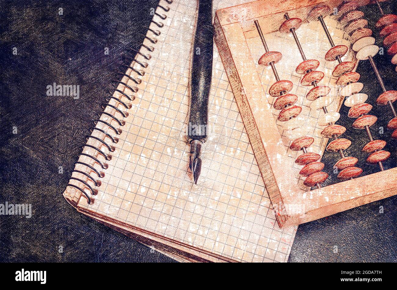 Accounting, paperwork, finance concept. Wooden accounts, fountain pen