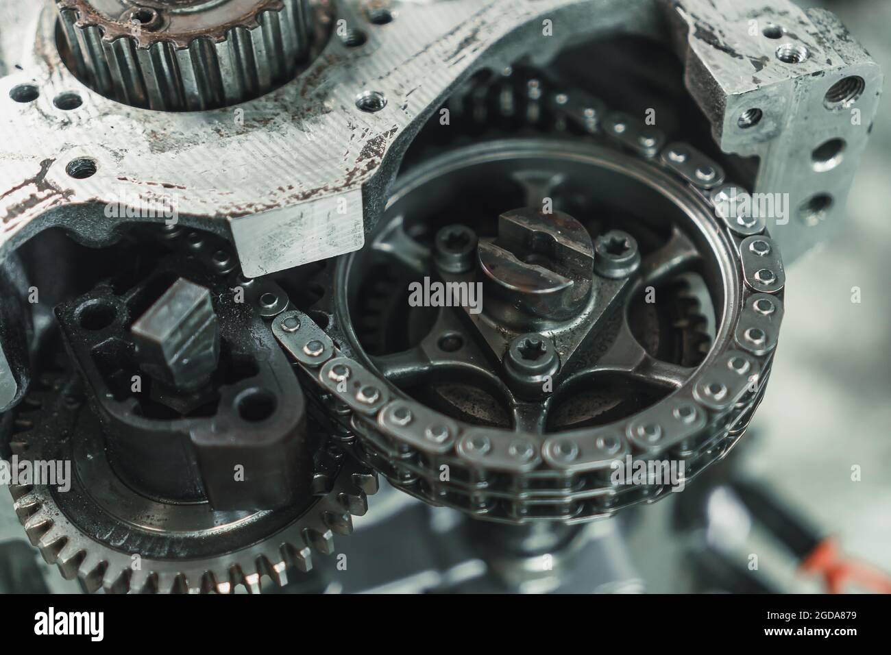 Close-up of the chain and gears of a car engine. Car engine repair ...