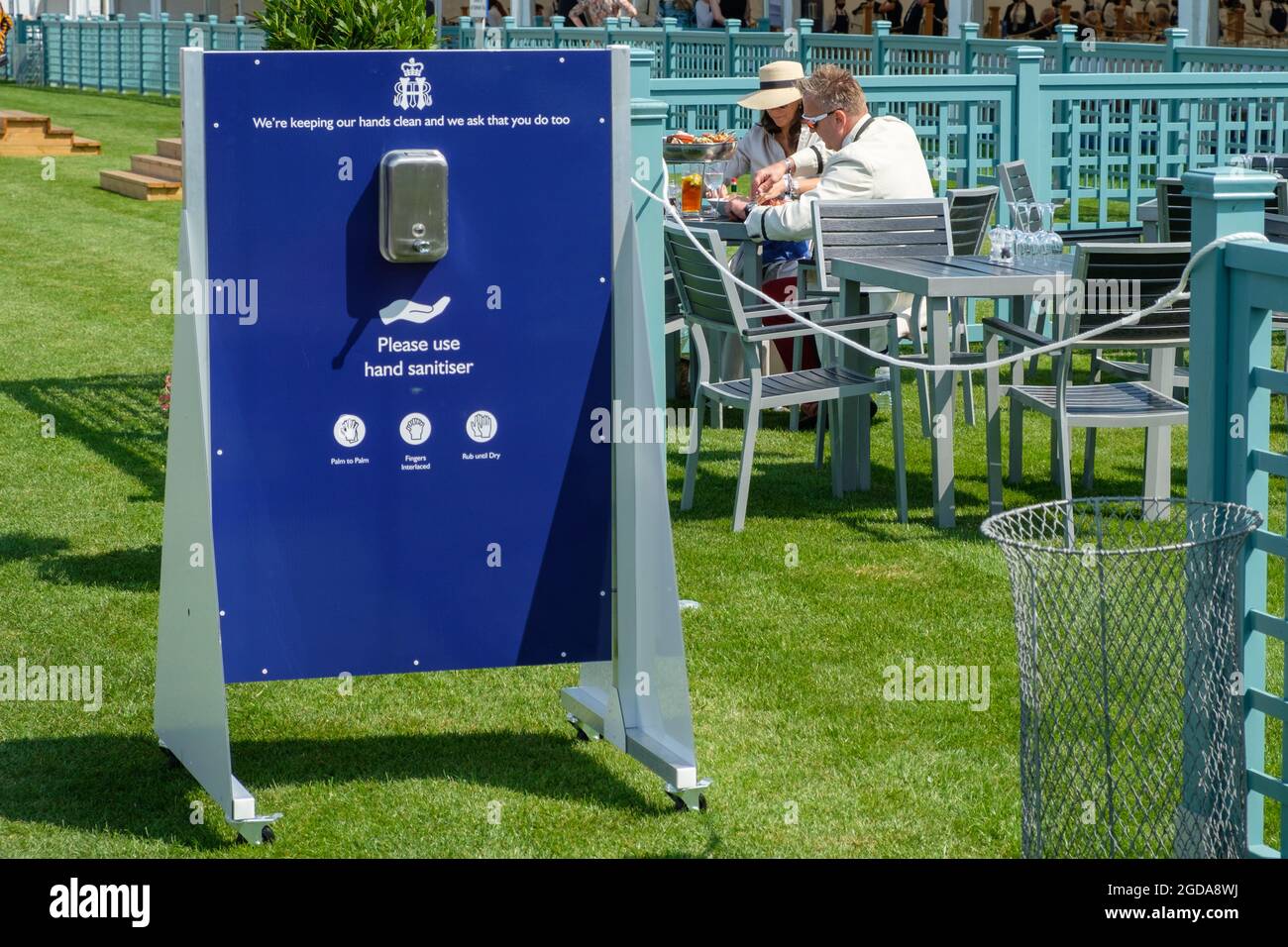 A special COVID hand sanitising station in the Stewards Enclosure at Henley Royal Regatta 2021 Stock Photo
