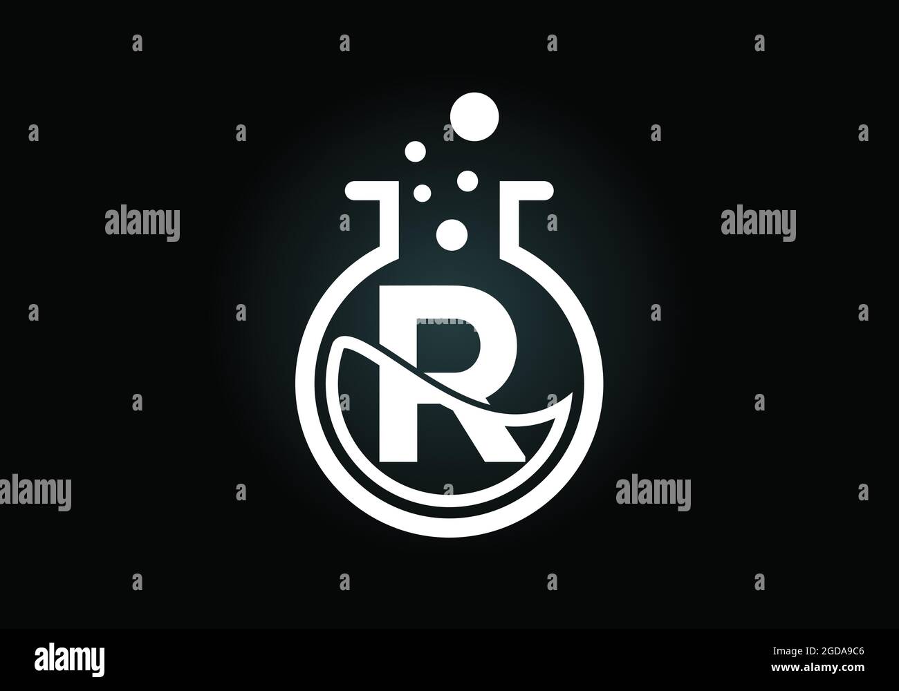 Initial R monogram alphabet with lab glass, chemical liquid, and ...