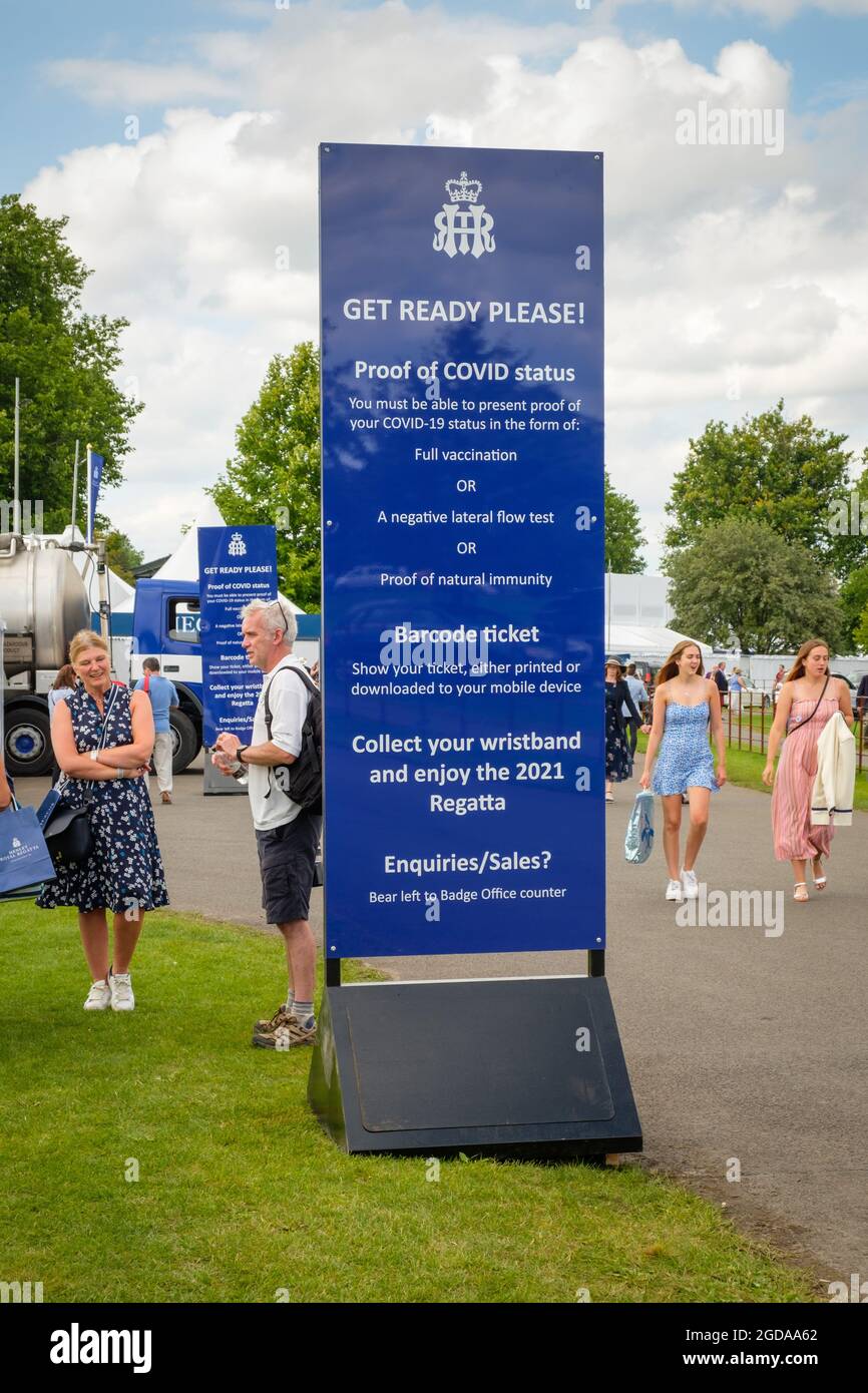 Special signs at the check-in for the 2021 Henley Royal Regatta list requirements for Proof of COVID status. Stock Photo