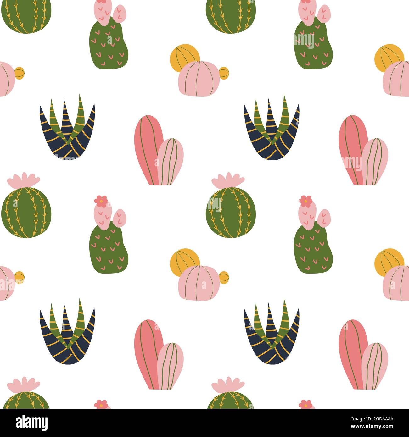 Cactus seamless pattern in cute cartoon style. Cacti with flowers, yellow,  pink and green colors palette. Repeat background, wallpaper texture.  Decorative print for fabric. Kid apparel design Stock Vector Image & Art -