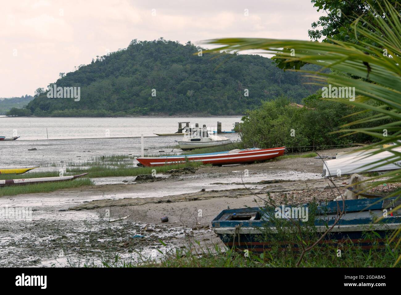 Paraguaçu River landscape with fishing boats in Todos os Santos Bay. Bahia, Brazil. Stock Photo