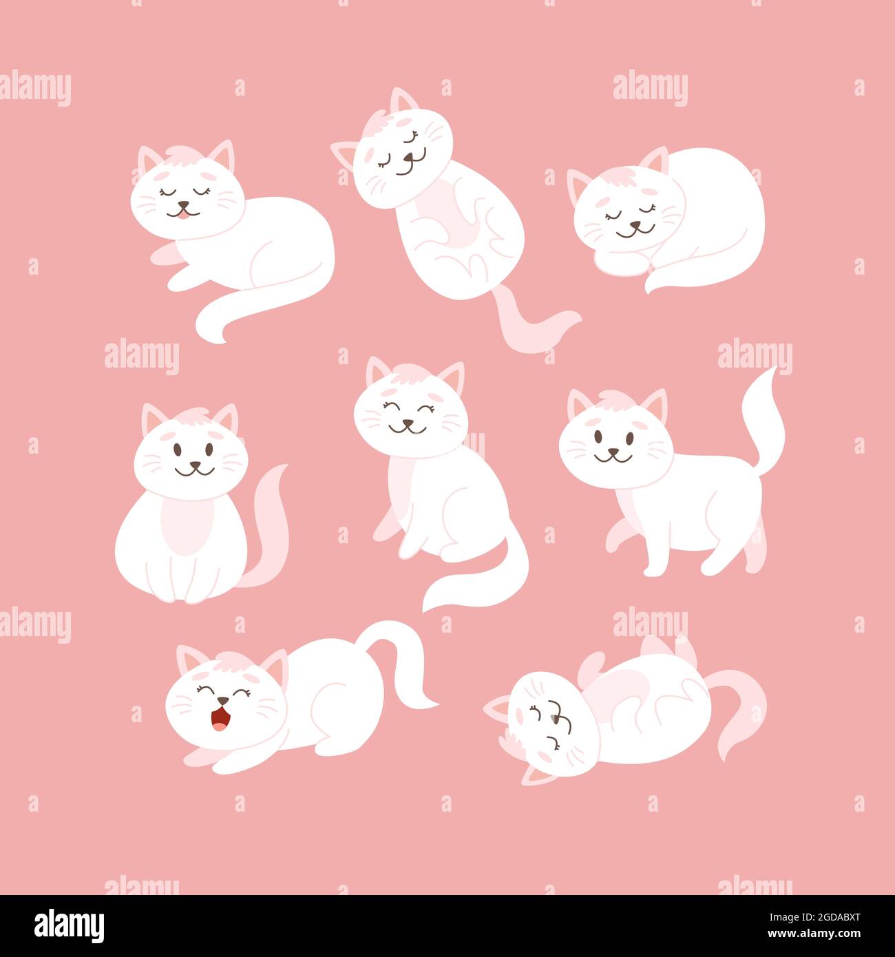 Cat set in different poses. Cute white cat character in cartoon style, vector illustration Stock Vector