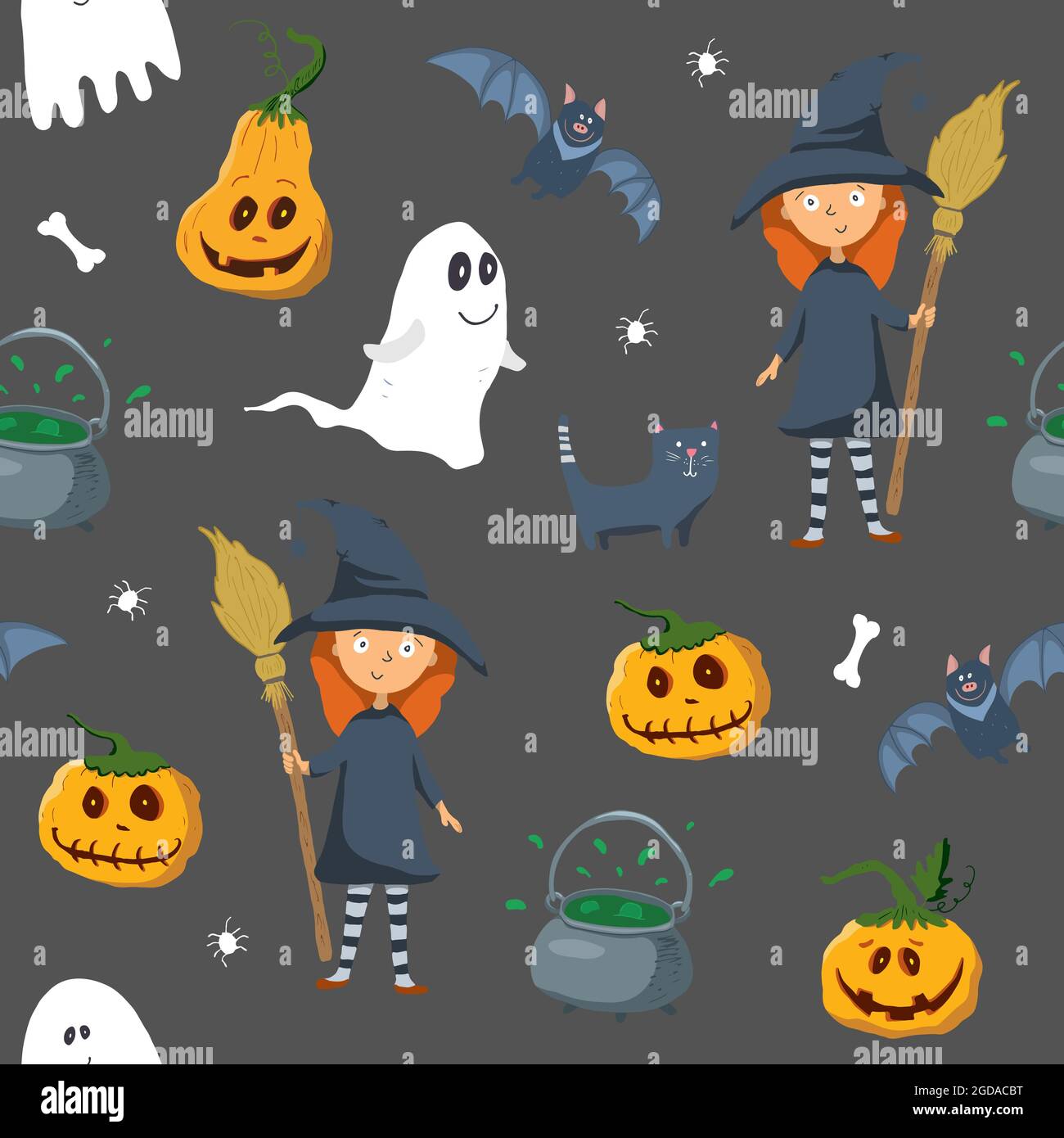 Halloween seamless pattern design. Cute cartoon elements, holiday ...