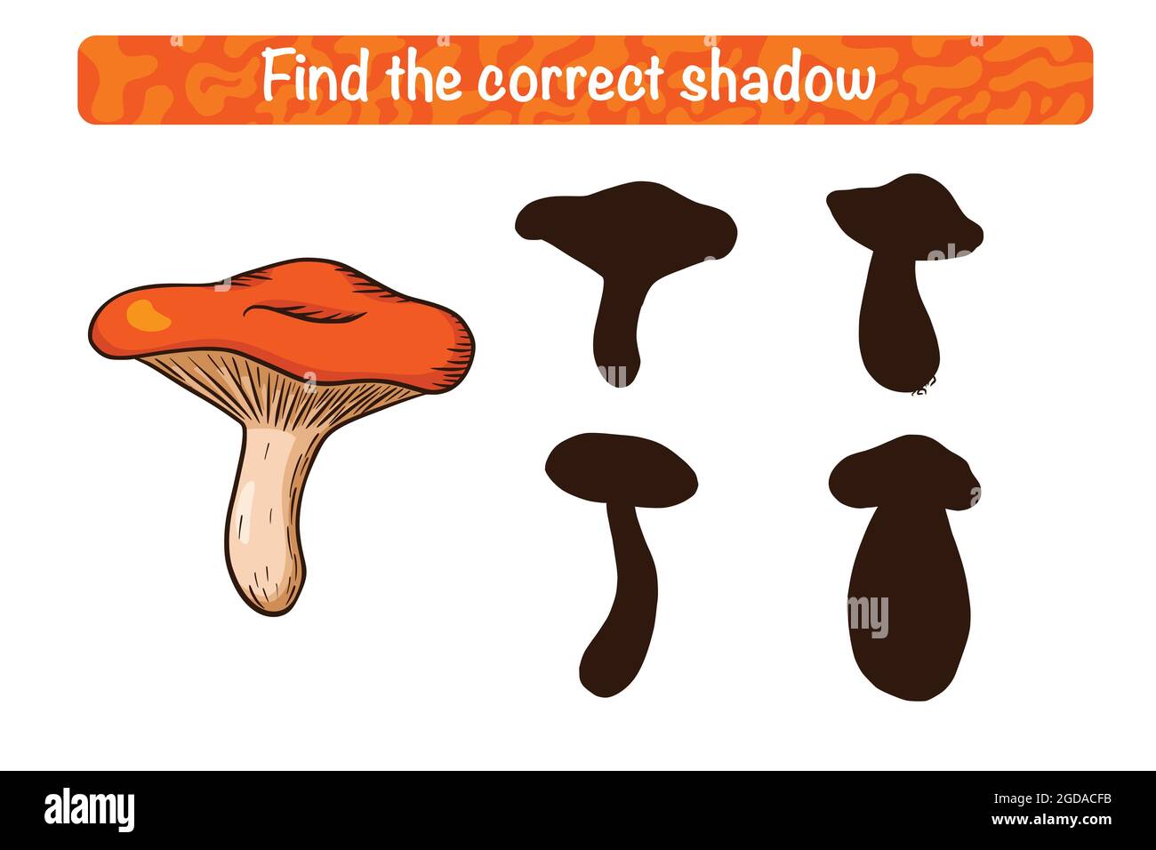 Find Correct Russula Shadow Educational Game for Kids. Shadow matching activity for children with edible mushrooms. Preschool puzzle. Educational worksheet. FInd the correct silhouette game Stock Vector